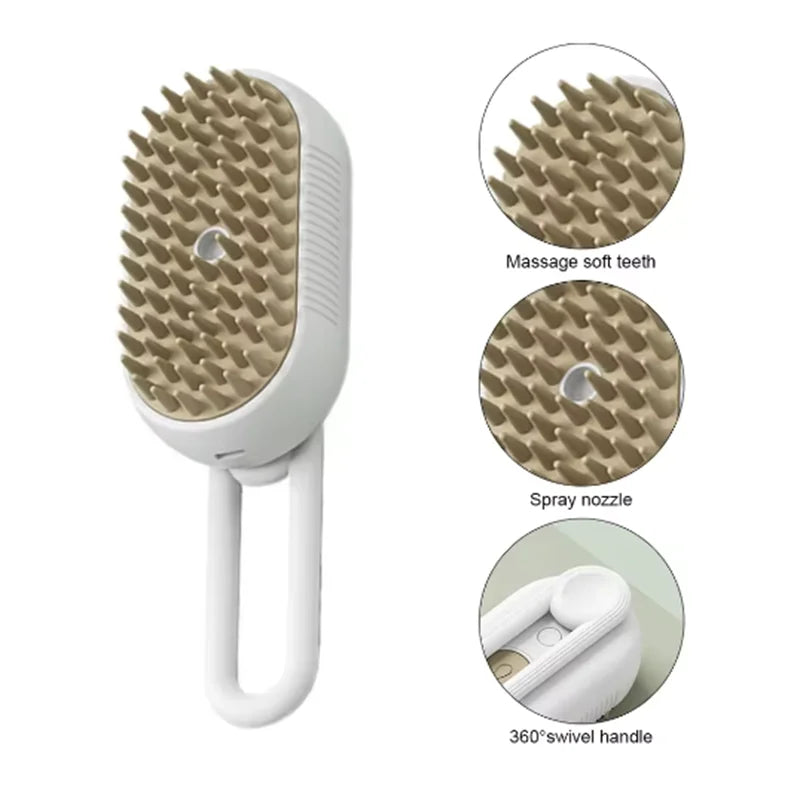 Pet Grooming Spray Massage Brush with One-Button Steam Function and Rotatable Design for Effective Hair Removal